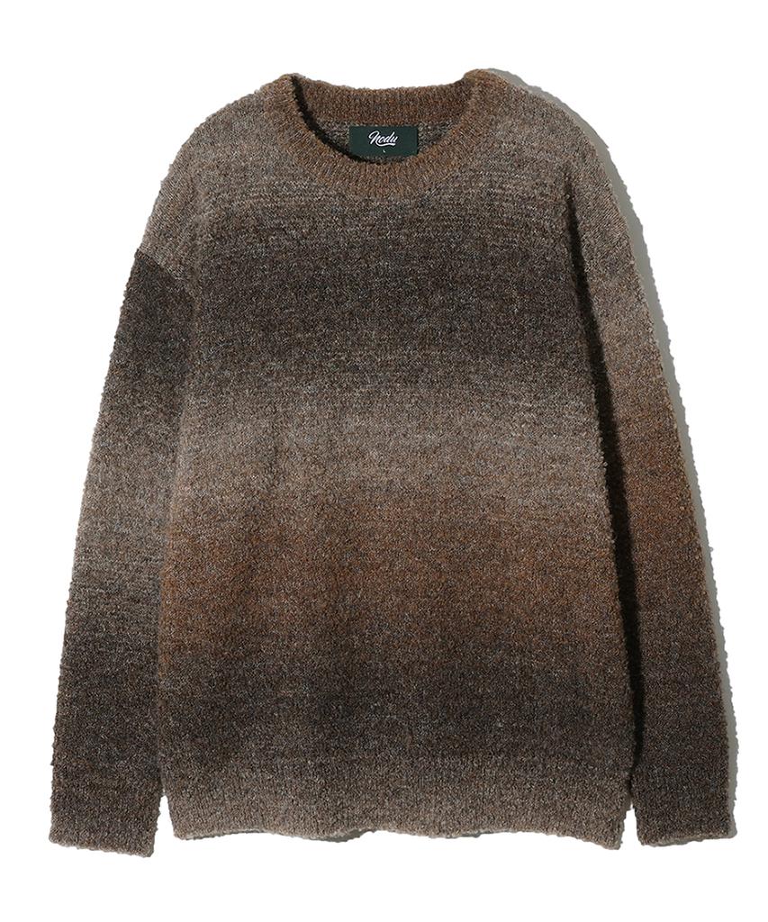 NODU Npn Gradient Boucle Two-Tone Striped Round Neck Long Sleeve Knit [Brown]