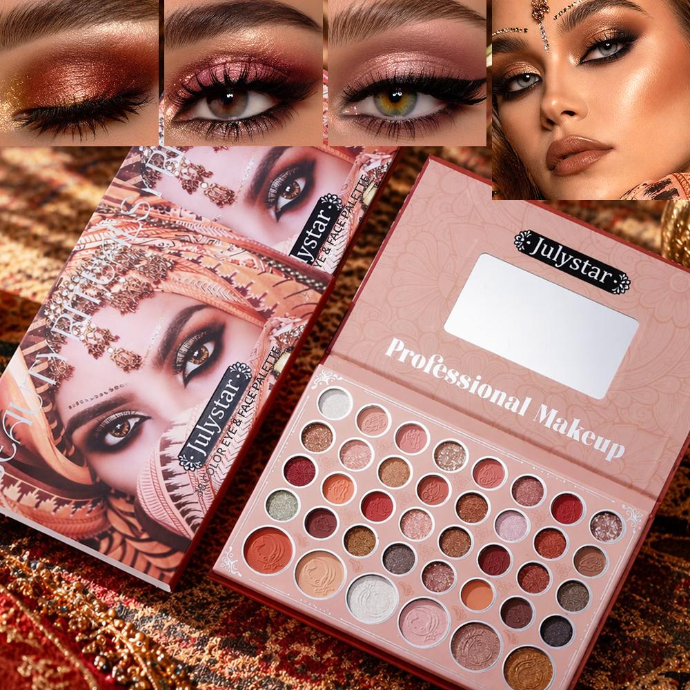 Julystar 38 Color Eye & Face Palette Exotic Nude Shimmer Matte Eyeshadow Glitter Powder HighLight Blush Contour Long Lasting Eye Makeup Cosmetics