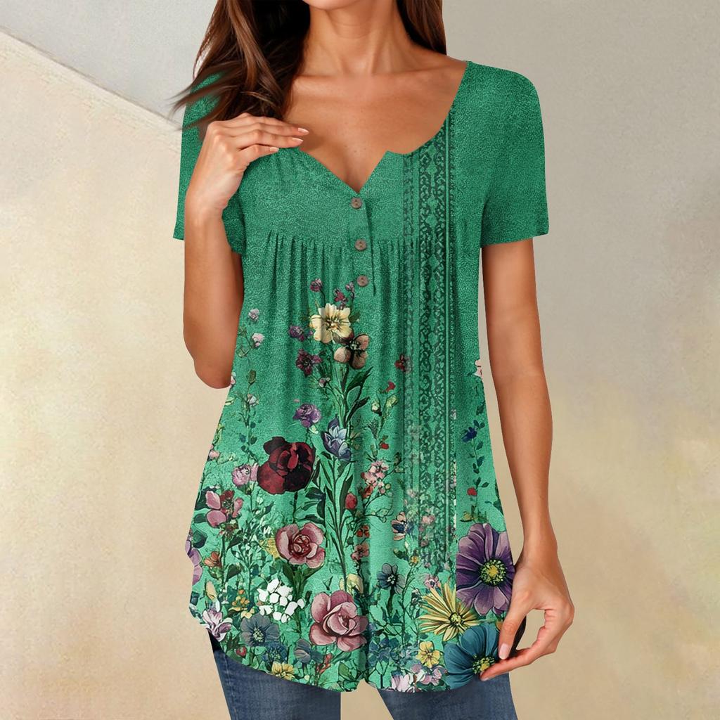 Women Tunic Tops Dressy Casual Summer Short Sleeve Shirts Loose Fit Pleated Boho Top