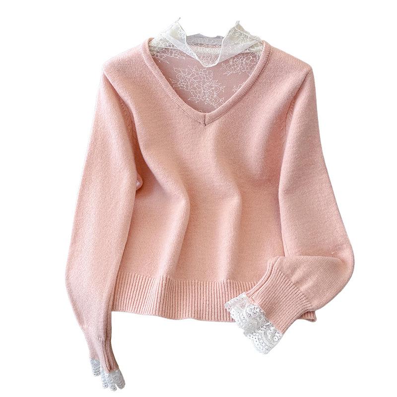2026 Autumn/Winter Women's Lace High Neck Two-Piece Style Sweater - Thick Knit Long Sleeve Top