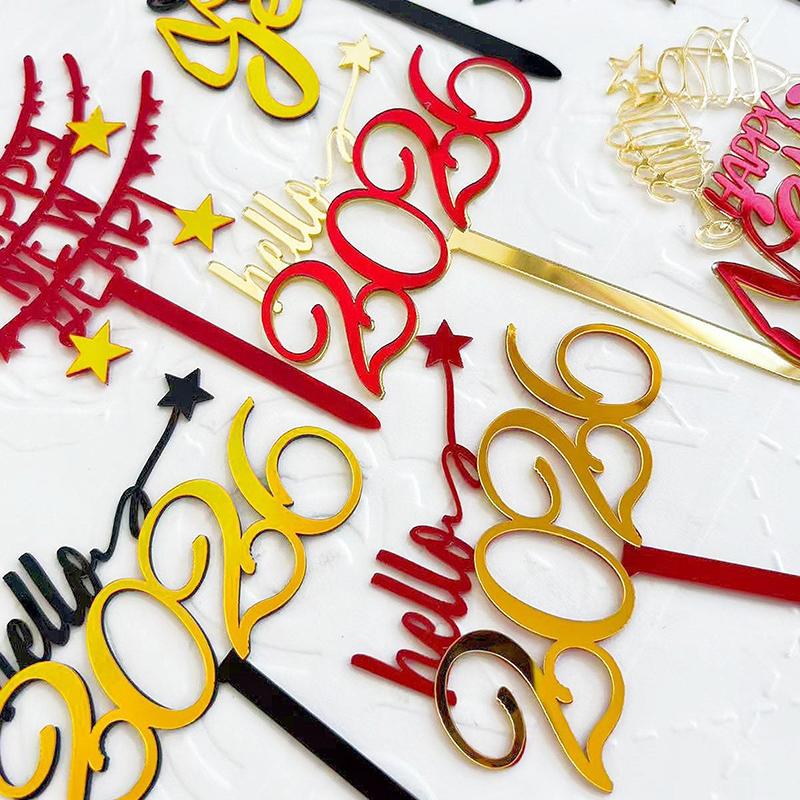 2026 С Новым годом Украшение для торта Золотой акриловый флажок для десерта Детский новогодний рождественский подарок Украшение для торта Принадлежности для выпечки