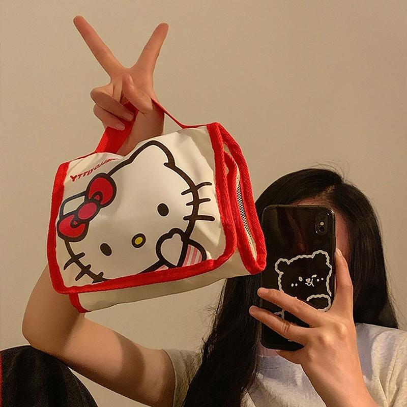 Sanrio Hello Kitty Косметичка Мультяшная Милая Большая Вместимость Складная Хранение Дорожная Сумка Kawaii Портативная Ручная Сумка
