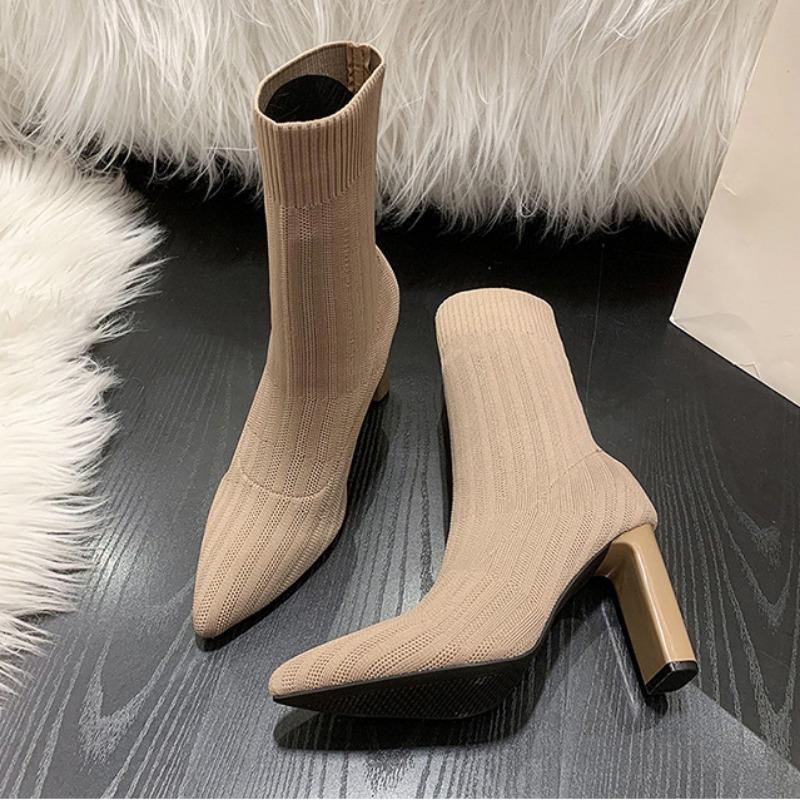 Новые женские осенние вязаные эластичные короткие сапоги на толстом каблуке
