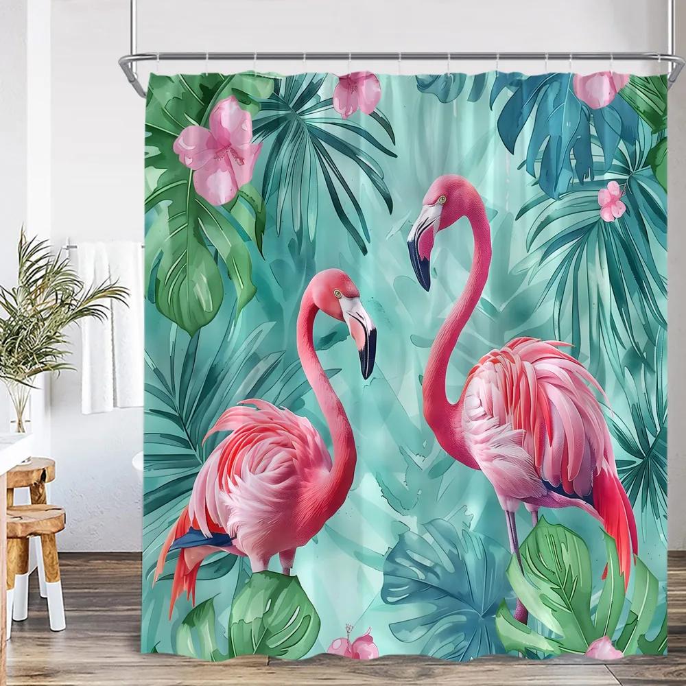 Весна Лето Фламинго Шторка для душа Розовая птица Тропические листья Тропический лес Джунгли Ванная комната Декоративная шторка для душа