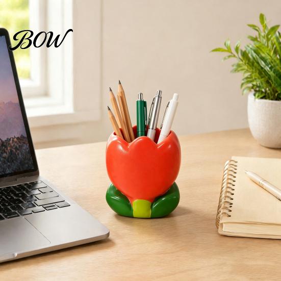 Office Desk Accessories for Women Tulip Makeup Brush Holder, Resin Cosmetic Organizer Vanity Desk, Cute Flower Pen Floral Stationery Cup
