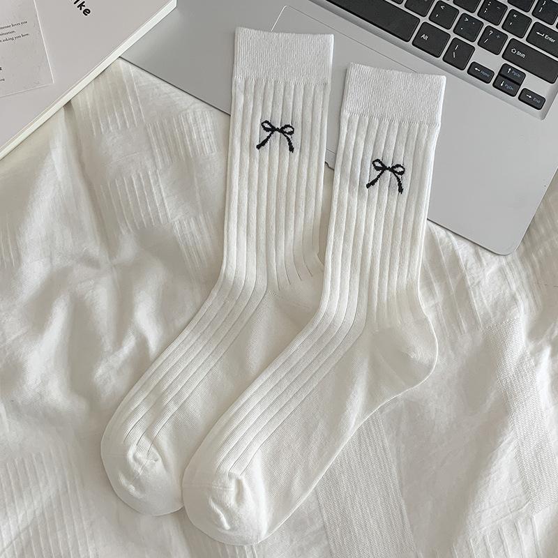Women's Summer Thin Solid Color Bow Mesh Breathable Tube Stack Cotton Socks