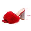 Thick Heel Pink Fuzzy Slippers for Women Silver Rhinestone High Heel Sandals Sexy Ladies Party Shoes