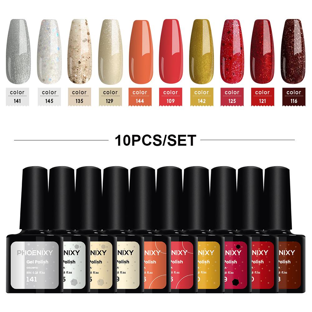 Гель-лак для ногтей PHOENIXY, 10 цветов, замачиваемый УФ-гель для ногтей, стартовый набор для дизайна ногтей, набор блестящих лаков для DIY, дома, гель для маникюра