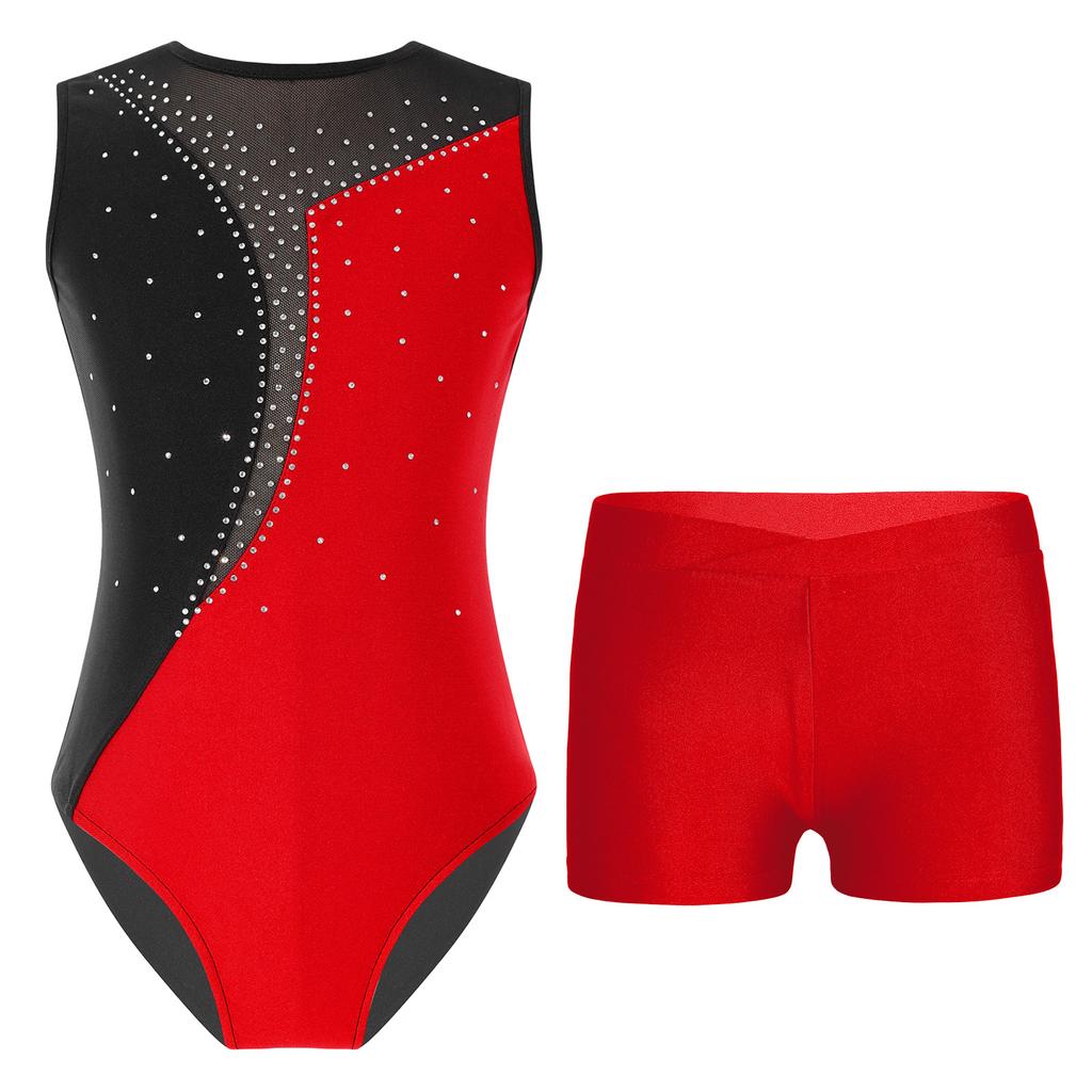 Girls Performance Leotard Sleeveless Round Neck Shiny Rhinestones Contrast Patchwork Design Waistband Shorts Set