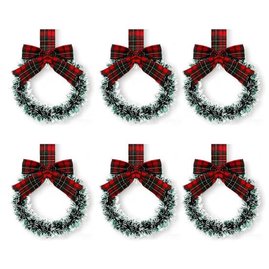 Mini Christmas Cabinet Wreaths 5.1 Inch Small Kitchen Xmas Decor with Red Ribbon Bow Plastic Rattan Fabric Window Door Office Holiday Decoration