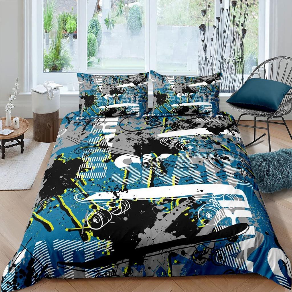 Skateboard Duvet Cover Set Full Size For Boys Teens Extreme Sports Bedding Set Youth Comforter Cover Graffiti Style Duvet Cover