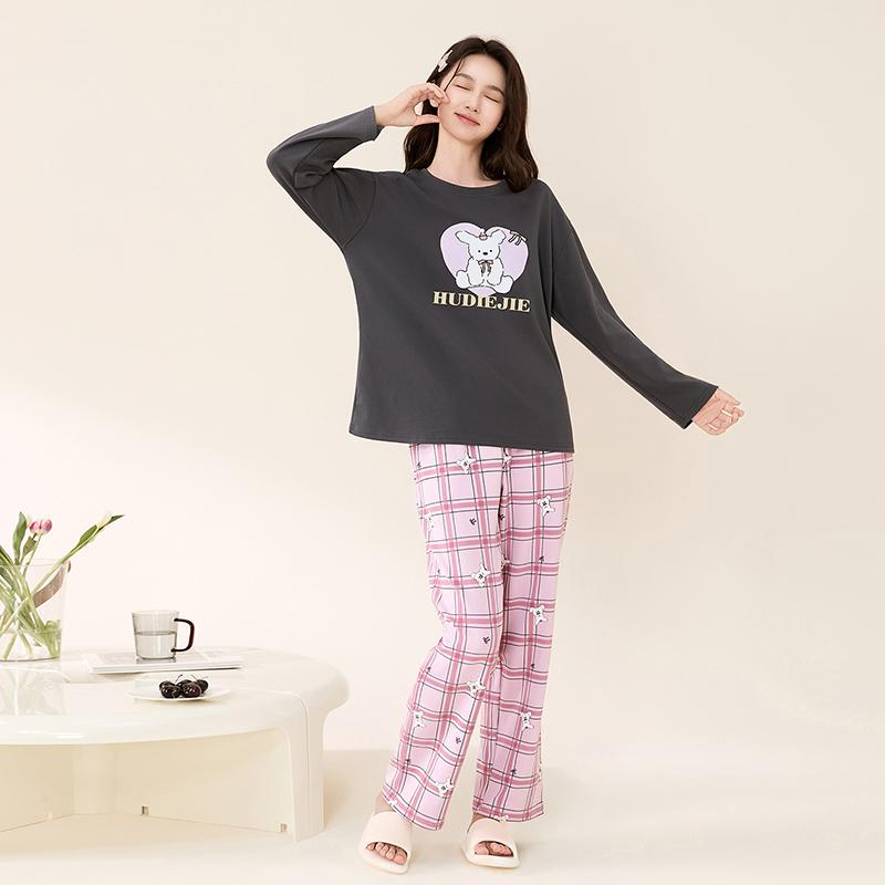 Fentengkan 100% Cotton Plaid Round Neck Long-Sleeved Pajama Set for Women