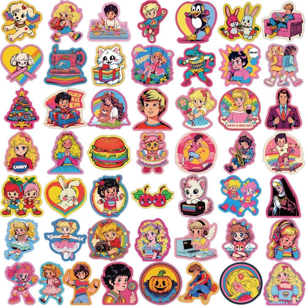 Retro Pop Illustration Set of PVC Waterproof American Showa Retro Characters Stickers, 50, Stickers, Boy/Girl, Children's,