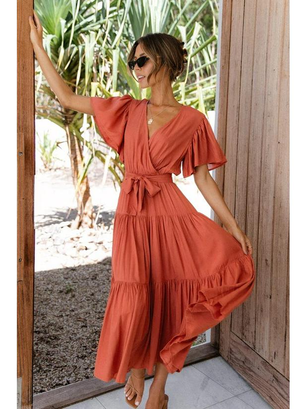 Богемное платье с V-образным вырезом, принтом, короткими рукавами и приталенным силуэтом, длинное, в наличии