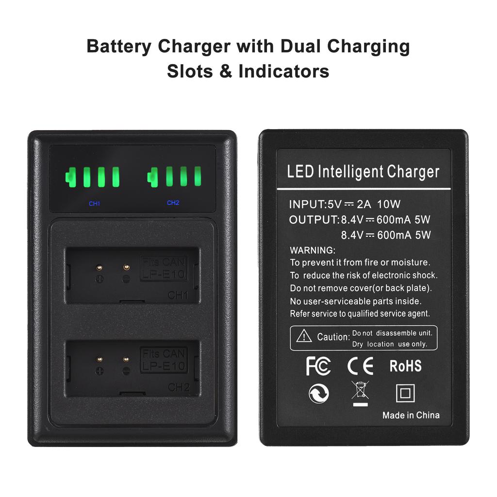LP-E10 Battery Charger 2-slot with LED Indicators 2pcs LP-E10 Batteries 7.4V 2200mAh with USB
