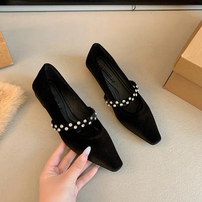 2024 Новые женские туфли Удобные и универсальные, украшенные стразами и жемчугом квадратные носки, однотонные женские туфли на плоской подошве Zapatos