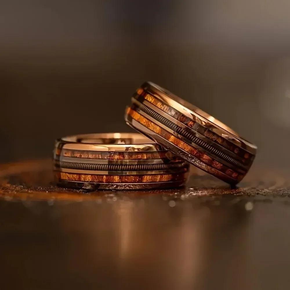 Coffee Color Rose Golden Ring Guitar String Stainless Steel Ring Inlaid Whiskey Barrel Wood Grain Ring for Men Engagement