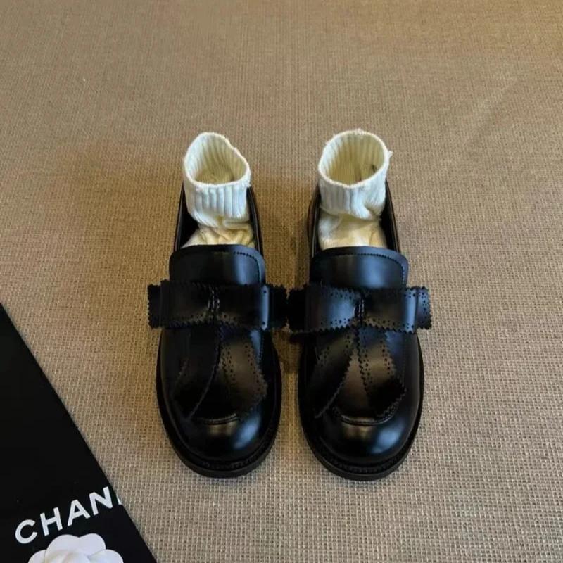Fashion Spring Autumn Women's Flat Loafers Round Toe Bow One Kick Small Leather Shoes Dress British College Style Zapatillas De Mujer