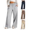 Women Casual Pants Elastic High Waist Adjustable Drawstring Straight Wide Leg Trousers with Pockets Solid Color Long Pants