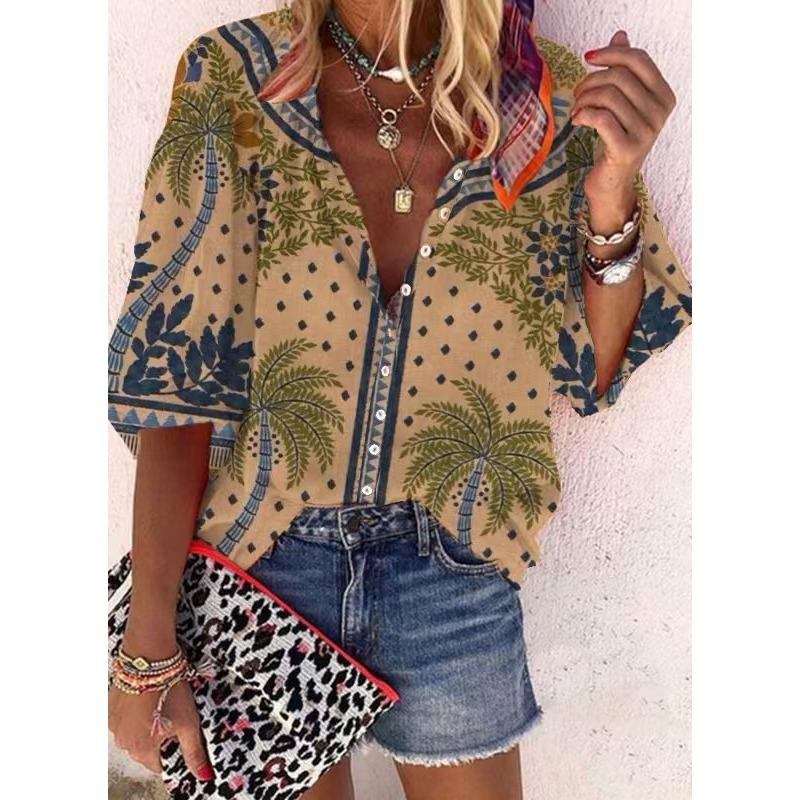 Летняя мода Стойка воротник Свободный крой На пуговицах Ретро принт Повседневные Рукава семь восьмых Женские блузки и рубашки