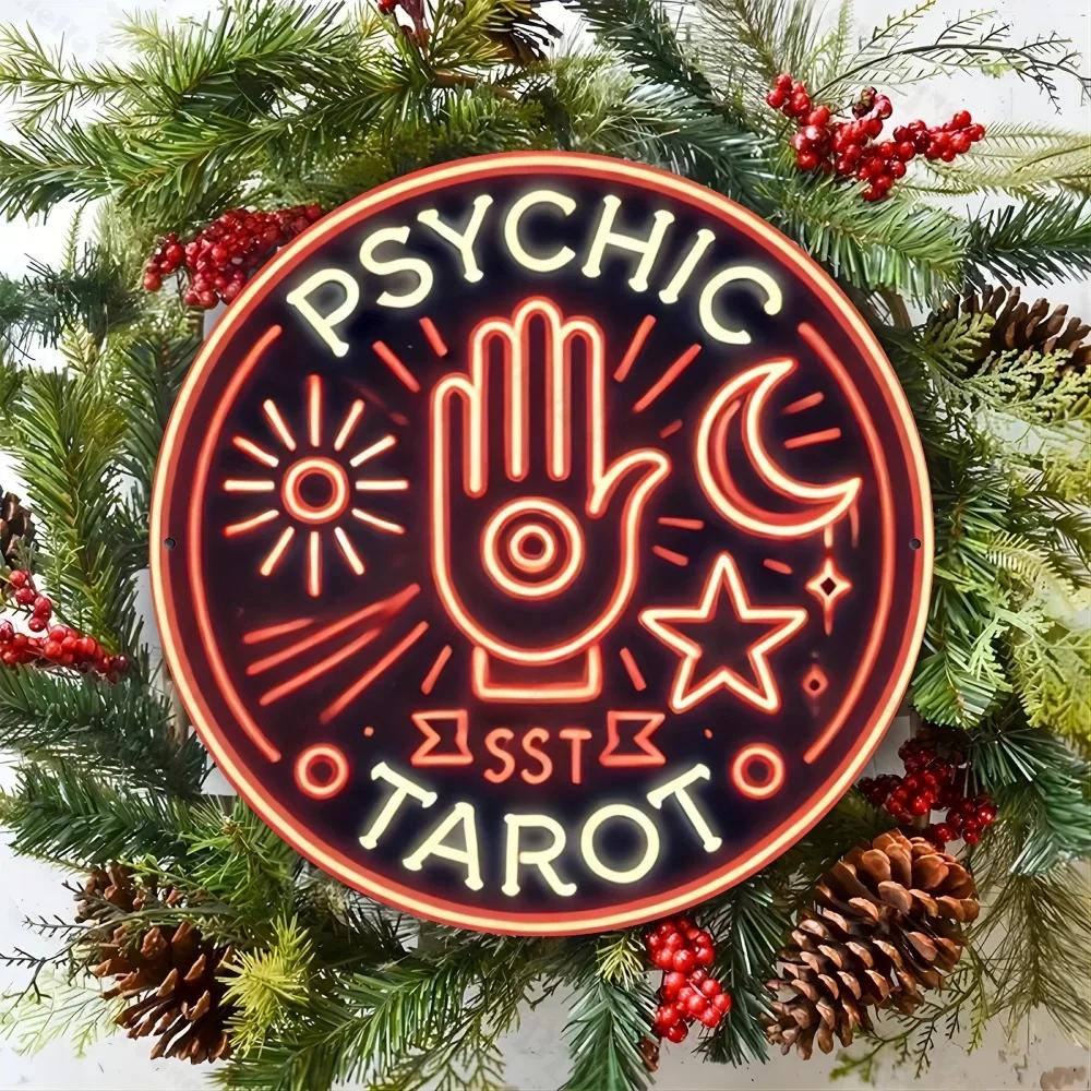 Psychic Tarot Neon Sign, Round Metal Wall Art. Durable Aluminum Decor for Home. Ideal Gift for LR, Bar, Cafe, Outdoor Settings.