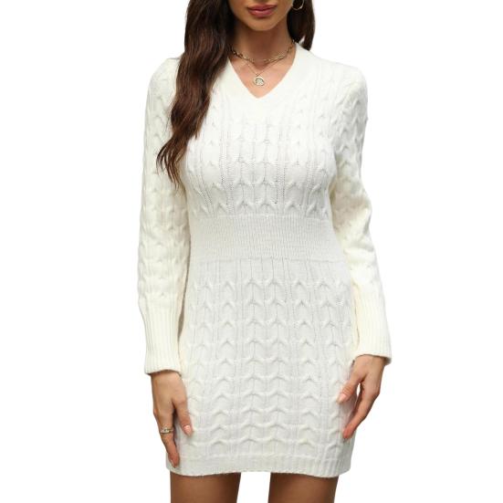 Осень-зима Женское Платье Трикотажное Толстое V-образный вырез Slim Fit Длинные рукава Длина выше колена Скрученное