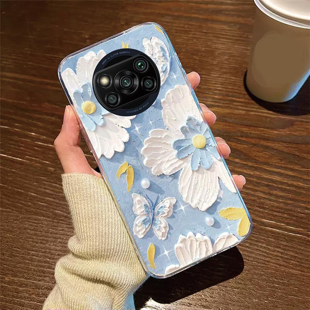 Rose Flower Daisy Oil Painting Phone Case For Xiaomi Poco X3 NFC X3Pro Cover Protection Clear Couple Transparent PocoX3 6.67"