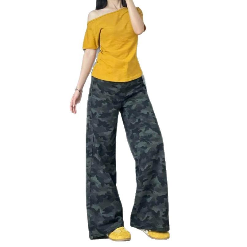 Удобные камуфляжные джинсы с высокой посадкой и широкими штанинами женские уличные универсальные облегающие свободные прямые джинсы для женщин длинные джинсовые брюки