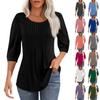 Women's Fashion Pleated Round Neck Seven Sleeve T-Shirt Casual Solid Color Top