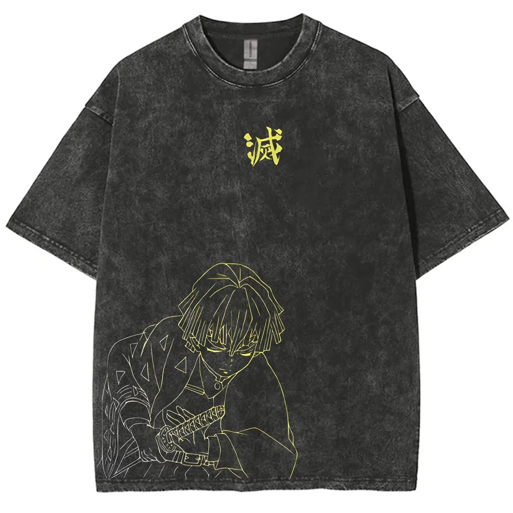 Streetwear Demon Slayer Vintage Washed Graphic TShirt Men Women Cotton Short Sleeve Anime Graphic Tee Casual Tops Yk Tee Shirt