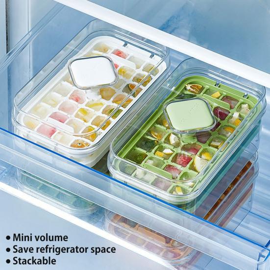 Форма для льда с лопаткой и контейнером, штабелируемая форма для льда для морозильника, легкосъемное силиконовое дно, дизайн с нажатием в одно касание, льдогенератор для напитков, кофе, коктейлей