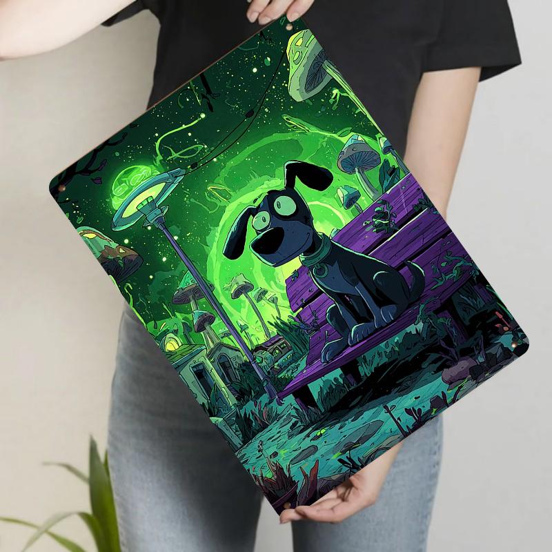 Dream Fluorescent Forest Cartoon Black Dog Bench Metal Tin Sign Home Decor Wall Art