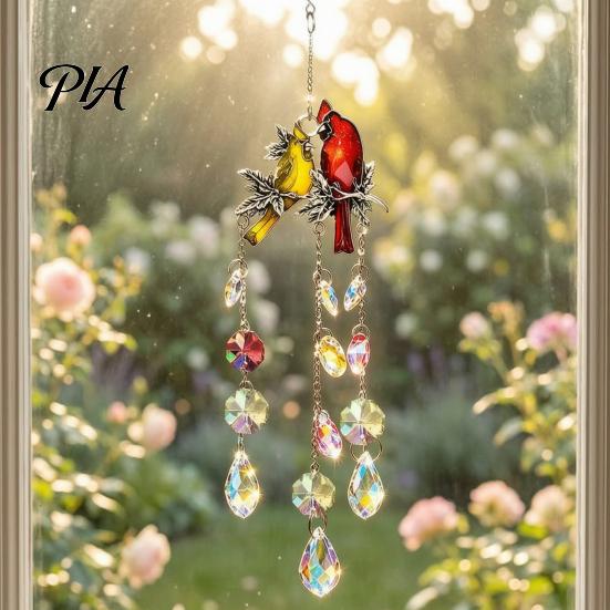 Indoor Outdoor Hanging Decor Cardinals Faux Crystals Suncatcher, Sun Catcher for Windows, Bird Wind Glass Patio Chimes with Chain, Prism Rainbow Maker