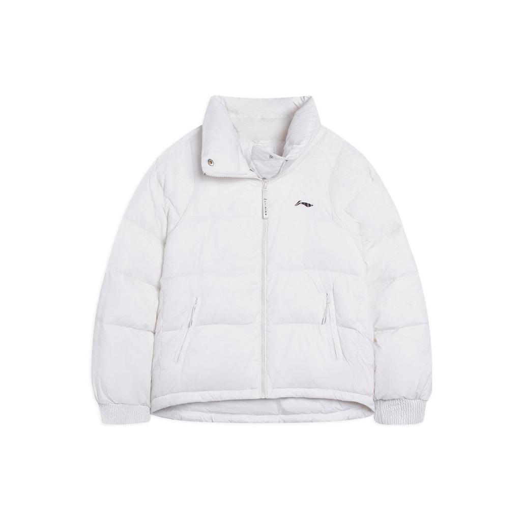 Li Ning Fitness Series Solid Color Casual Loose Stand Collar Warm Down Jacket Women Outerwear White AYMS268-1