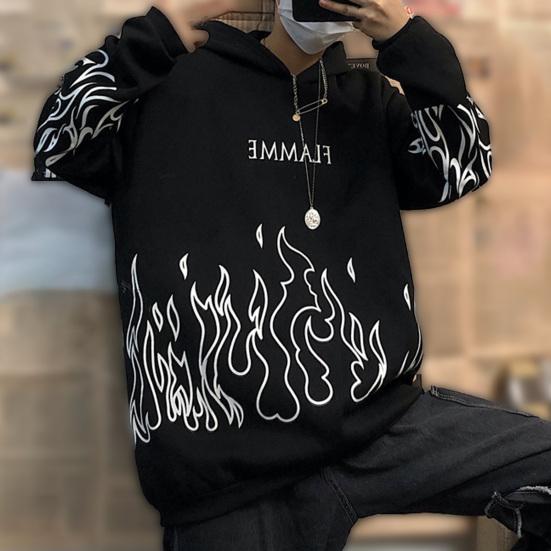 Мужское осеннее худи с принтом пламени, капюшоном, длинными рукавами, мягкое, теплое, свободного кроя, в стиле хип-хоп, зимнее худи для школы
