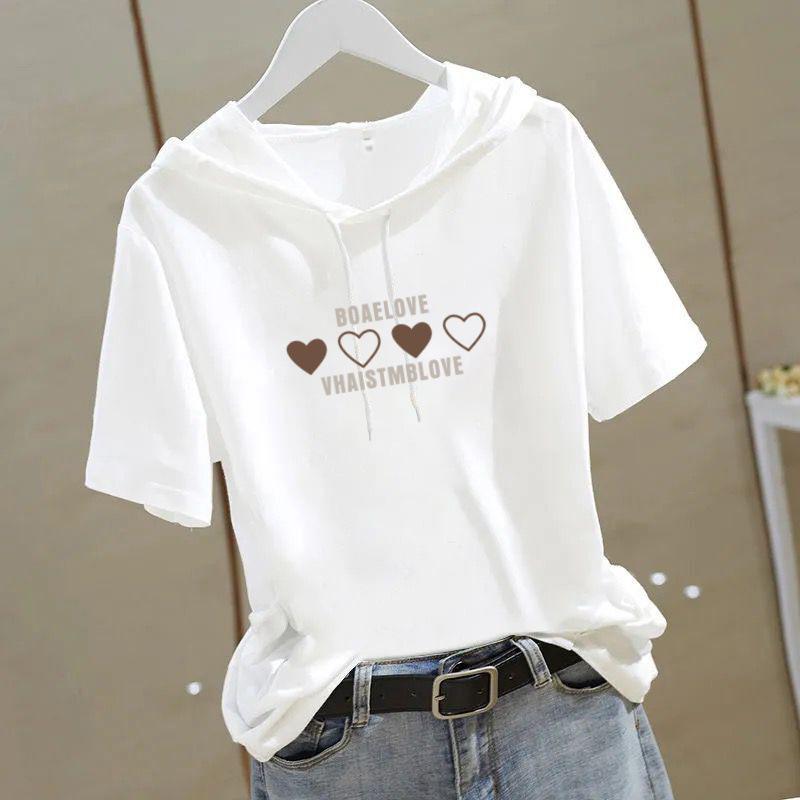 Женская футболка с капюшоном и короткими рукавами из 100% хлопка - 2025, приталенный свободный крой, корейский стиль