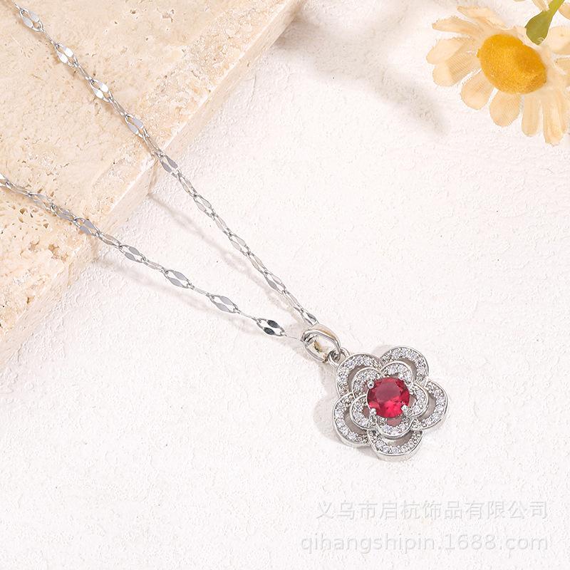 Ruby Necklace Women'S Simple And Versatile Trend Temperament Zircon Flower Pendant Collarbone Chain