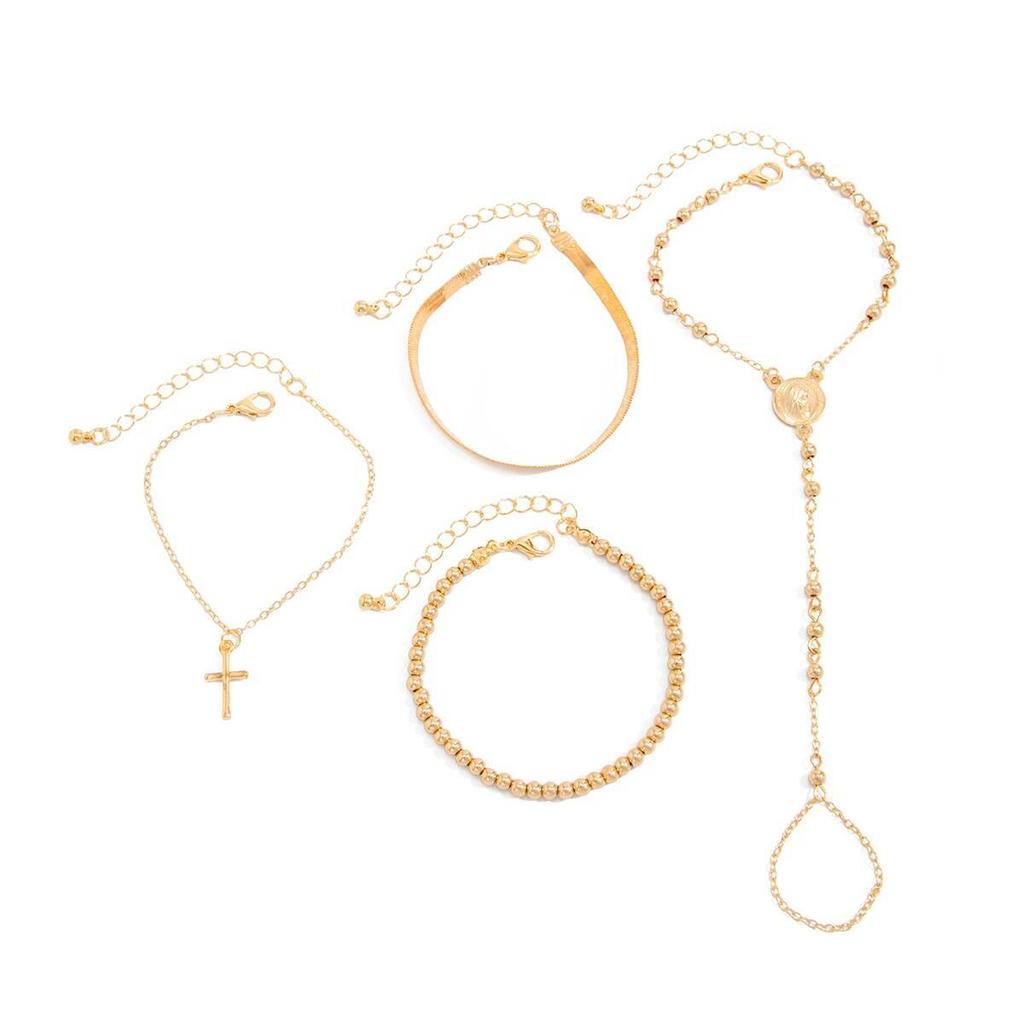 Salircon 4 Pcs/Set Vintage Gold Color Jesus Cross Pendant Bracelet for Women Creative Y-Shape Finger Chain Charm Bangles Jewelry