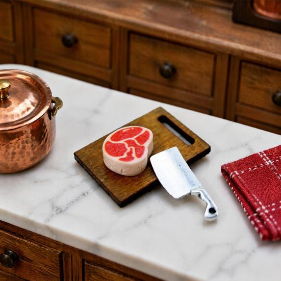 Realistic Miniature Food Prep 3Pcs/Set Mini Steak Cutting Board, Tiny Board Cleaver Steak, Doll Mansion Kitchen Decor Accessories, Miniatures