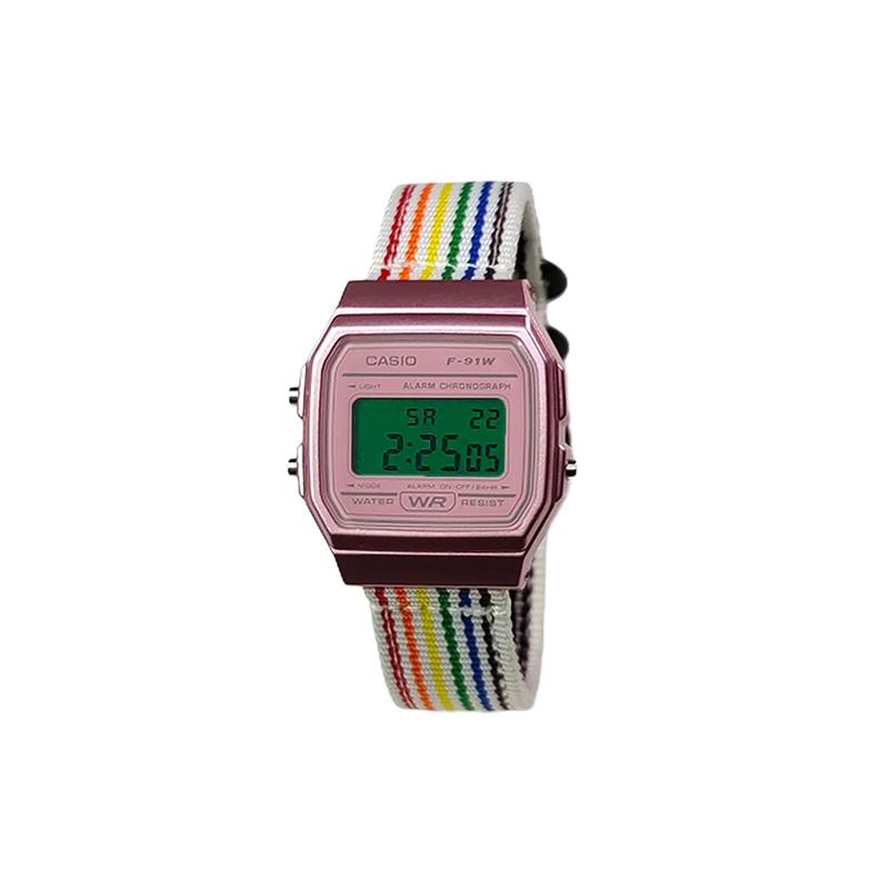 Casio Кастомизированные часы модифицированная серия оранжевое стекло розовый пластиковый корпус классический ретро жизнь водонепроницаемые F-91WS-4 модифицированные-Сакура Розовый Циферблат Зеленый Циферблат