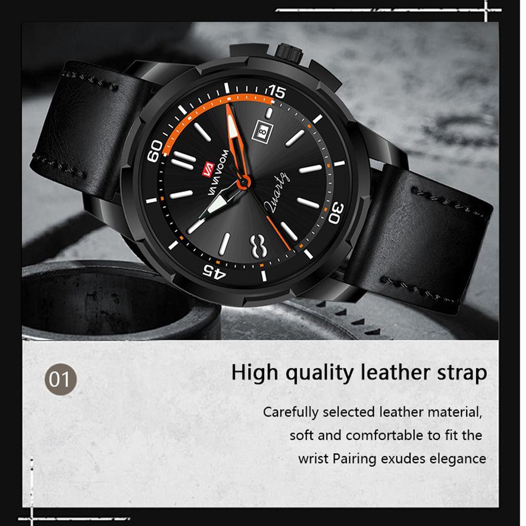 VA VA VOOM Мужские кварцевые часы Business Simple Calendar 30m Водонепроницаемые светящиеся кварцевые часы с кожаным ремешком, модные наручные часы