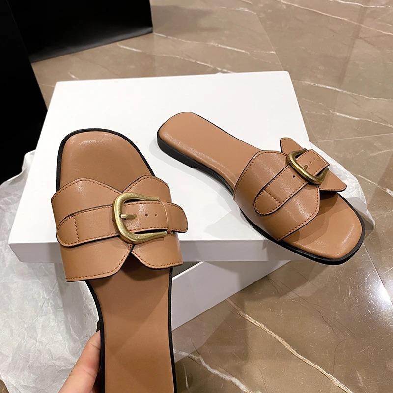 Summer Women Slippers Leather Square Toe Women Flats Flip Flops Designer Ladies Slides Sandals Women Shoes Luxury Sandals
