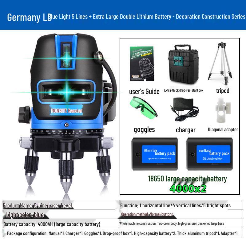 High-Precision Outdoor Infrared Laser Level with 2, 3, 5 Lines – Green/Blue Light