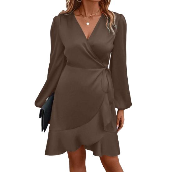 Женское мини-платье с V-образным вырезом, длинным рукавом-фонариком и боковой шнуровкой