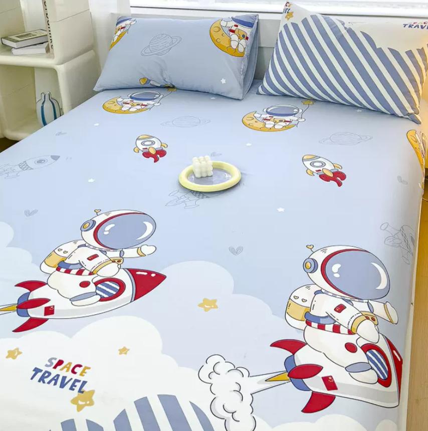 Cartoon Space Animal Printed Fitted Sheet with Elastic Band + 2pcs Pillowcases 100% Cotton Mattress Protector For Kids 16 Sizes