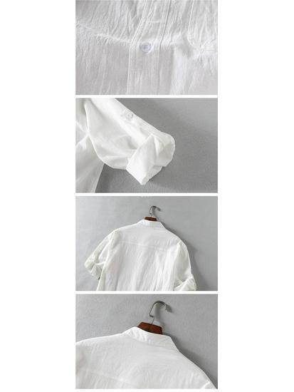 Летняя мужская рубашка из льна и хлопка со стойкой – Свободный крой, рукава пять четвертей, повседневный стиль