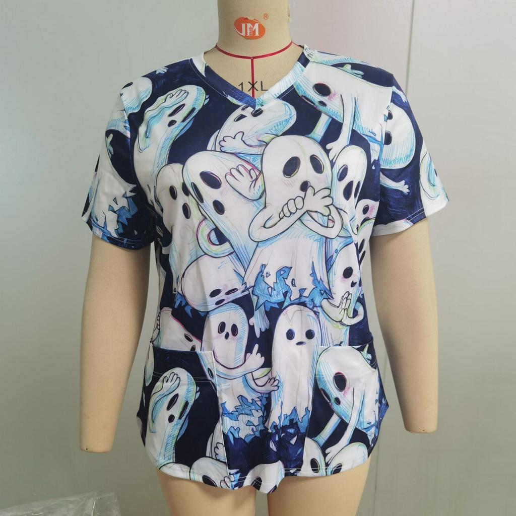 Plus Size Cute Printed Scrub Working Uniform Tops For Women V-Neck Short Sleeve Fun T-Shirts Workwear Tee With Pockets