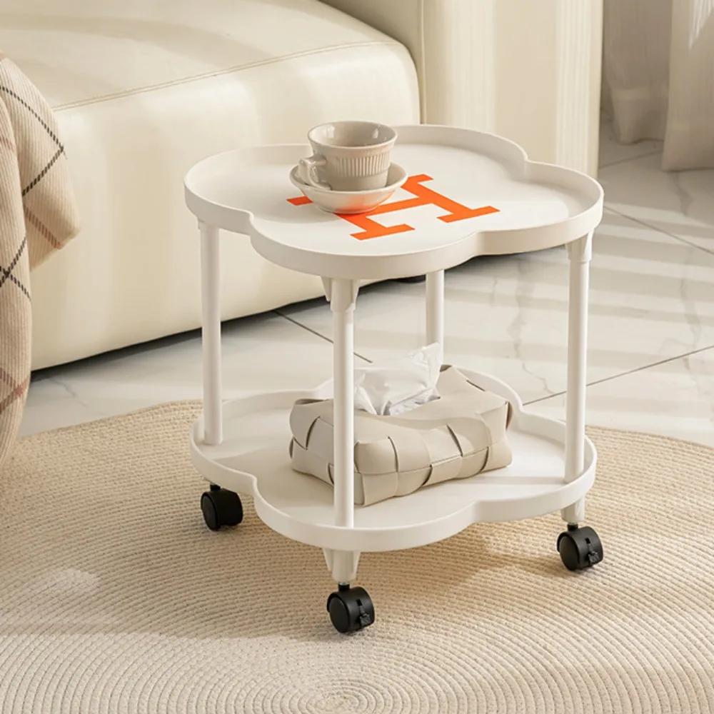 Круглый приставной столик на колесах экономит место тележка двухъярусная полка приподнятый дизайн передвижной стеллаж для хранения небольшой журнальный столик