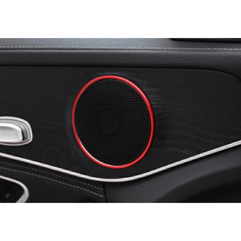 For Mercedes-Benz GLC 2016- Red Alloy Inner Door Speaker Sound Ring Trim 4pc