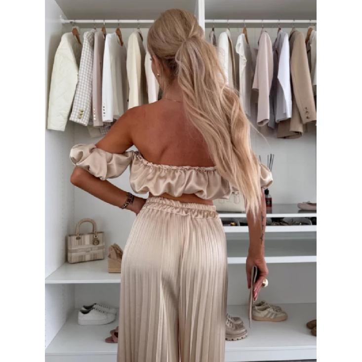 Элегантный однотонный комплект из жилета с длинным рукавом и плиссированных брюк для лета, новинка для женщин, модный и стильный наряд